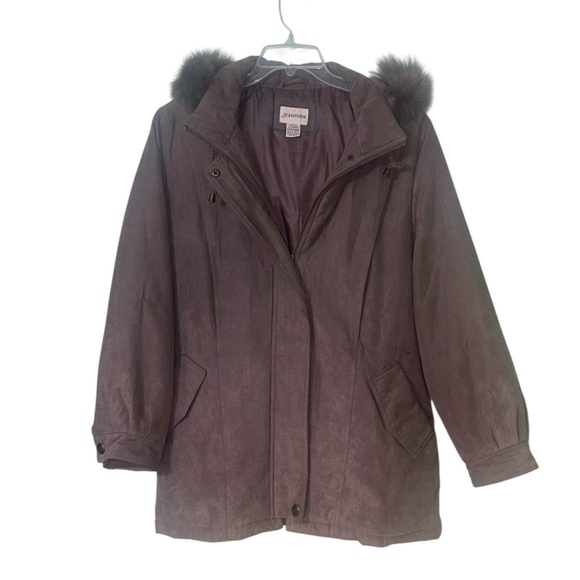 St. John's Bay brown sueded hooded coat w/genuine fox fur trim XLP. GUC - Picture 3 of 11